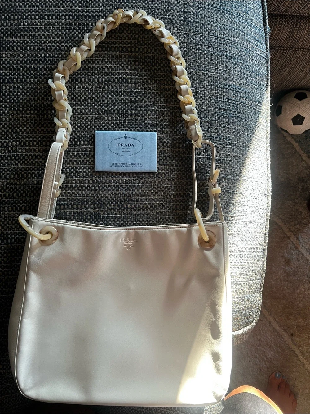 Prada Cream Leather Shoulder Bag with Braided Chain Strap